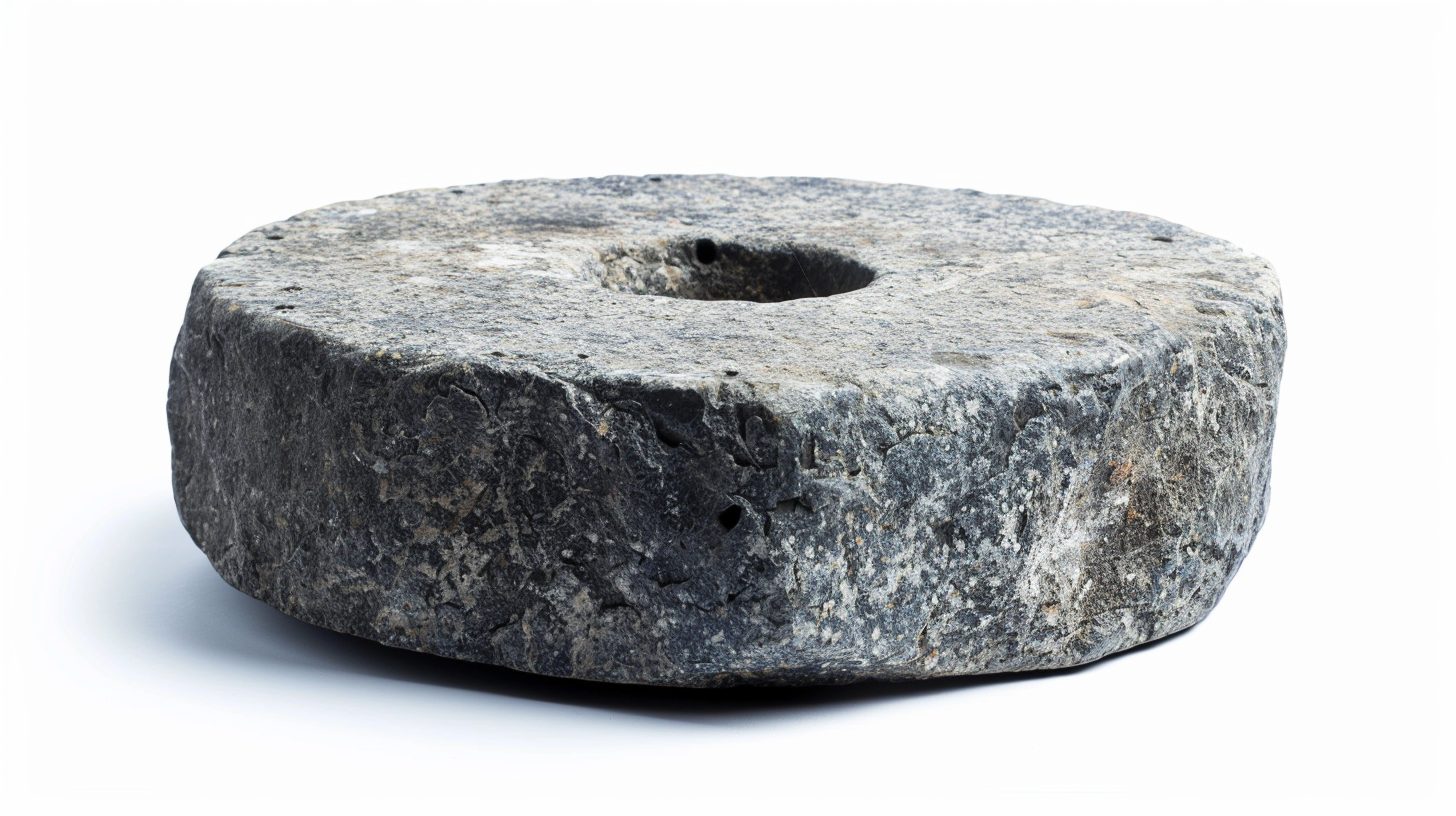 A large, round, weathered milling stone