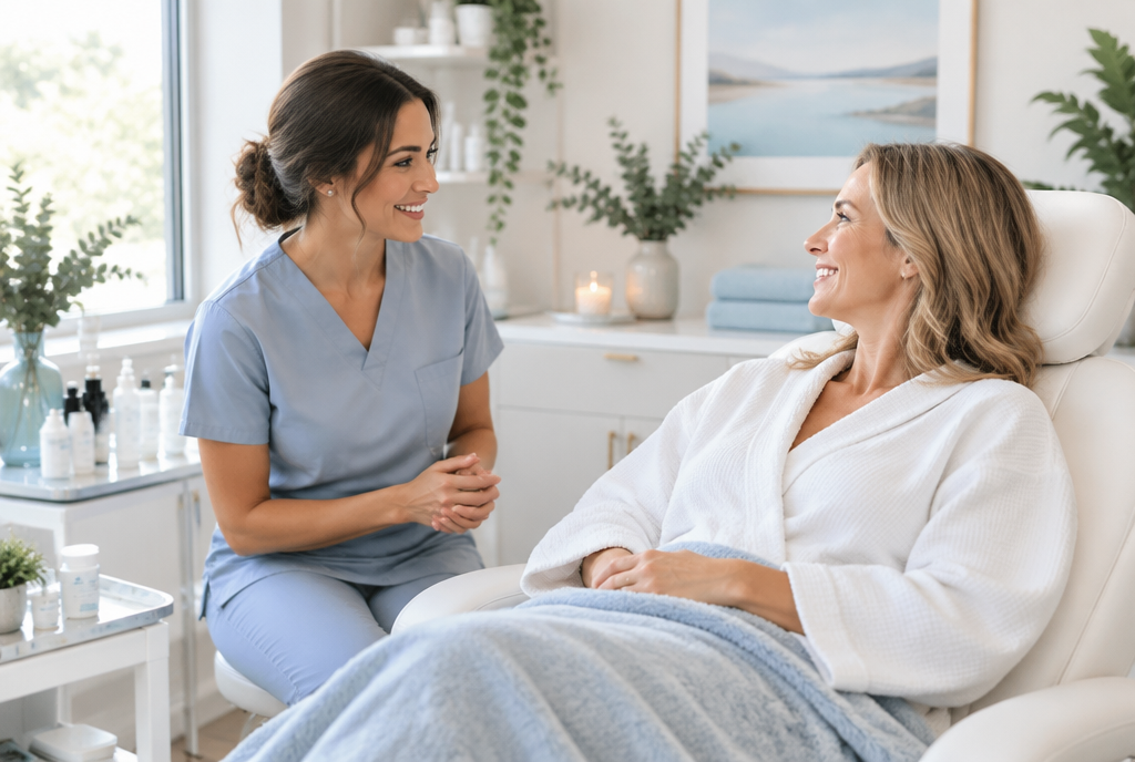 A provider with a client in a calming treatment space