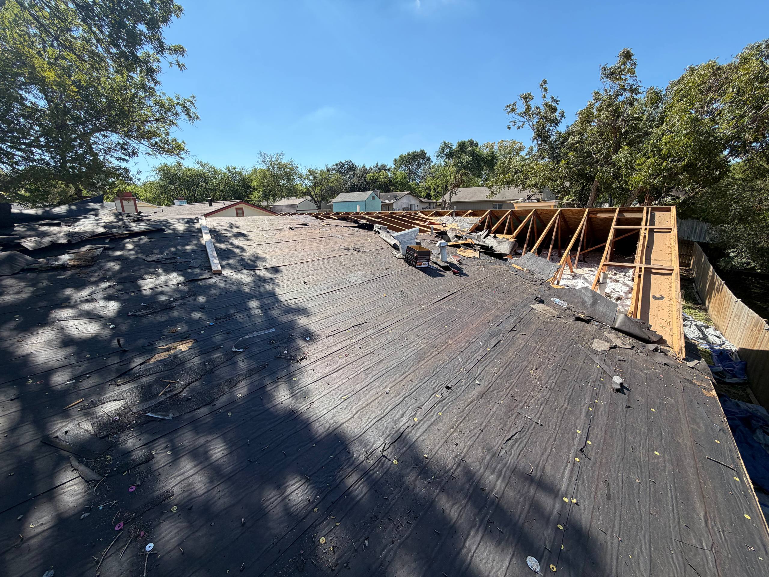 Roof re-deck installation in progress at Lake Champlain San Antonio Texas
