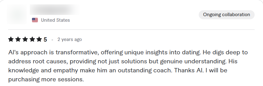Original five-star Fiverr review; name and profile image blurred