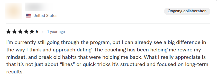Original five-star Fiverr review; name and profile image blurred