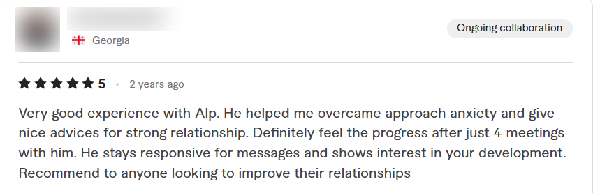 Original five-star Fiverr review; name and profile image blurred