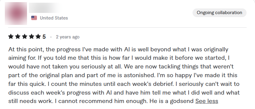 Original five-star Fiverr review; name and profile image blurred