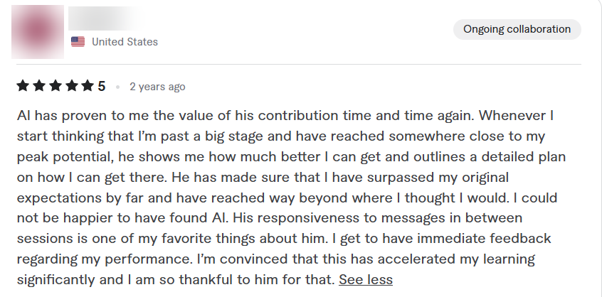 Original five-star Fiverr review; name and profile image blurred