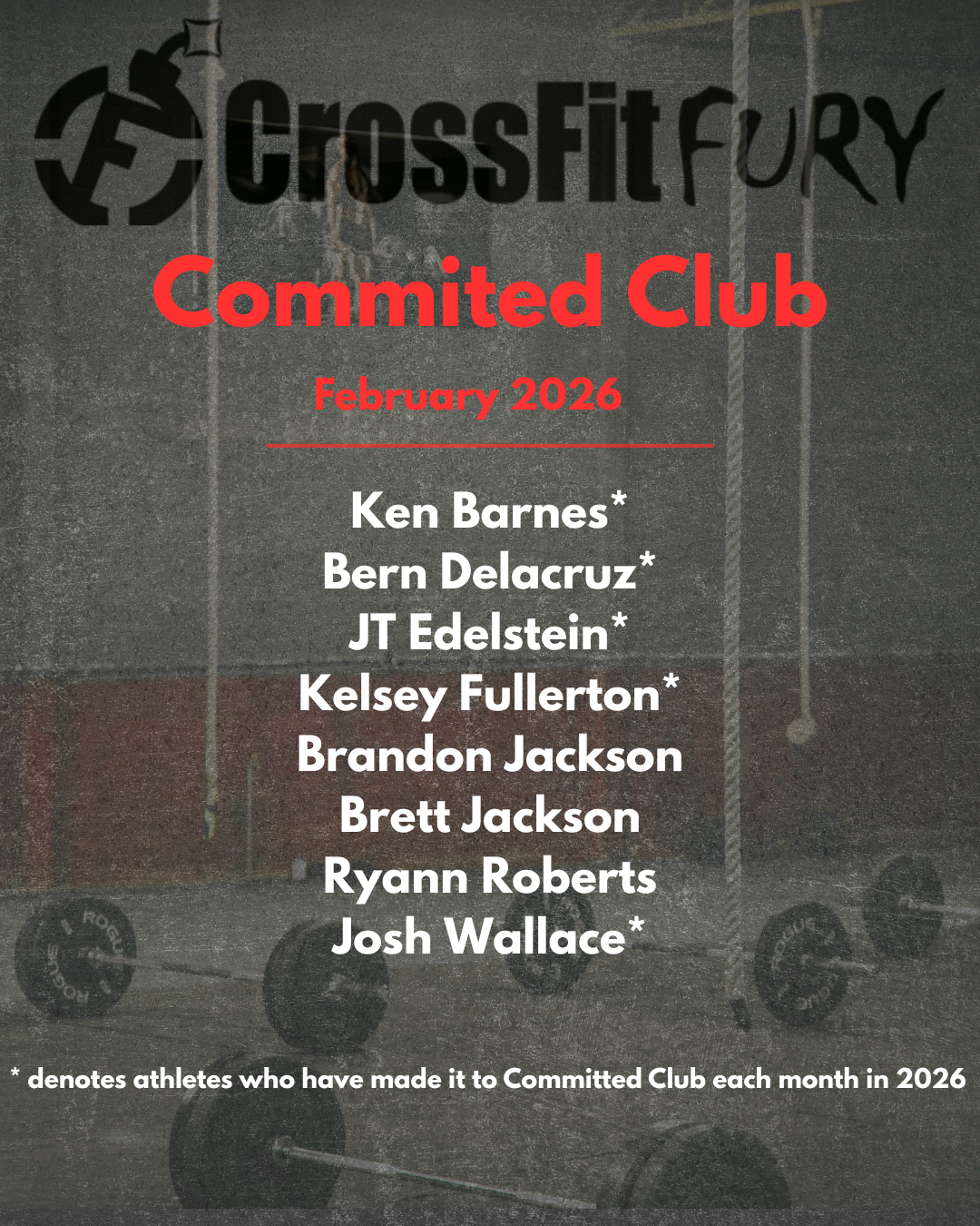 Create a Committed Club logo for a CrossFit gym using barbell and kettlebell graphic with predominately black and red coloring