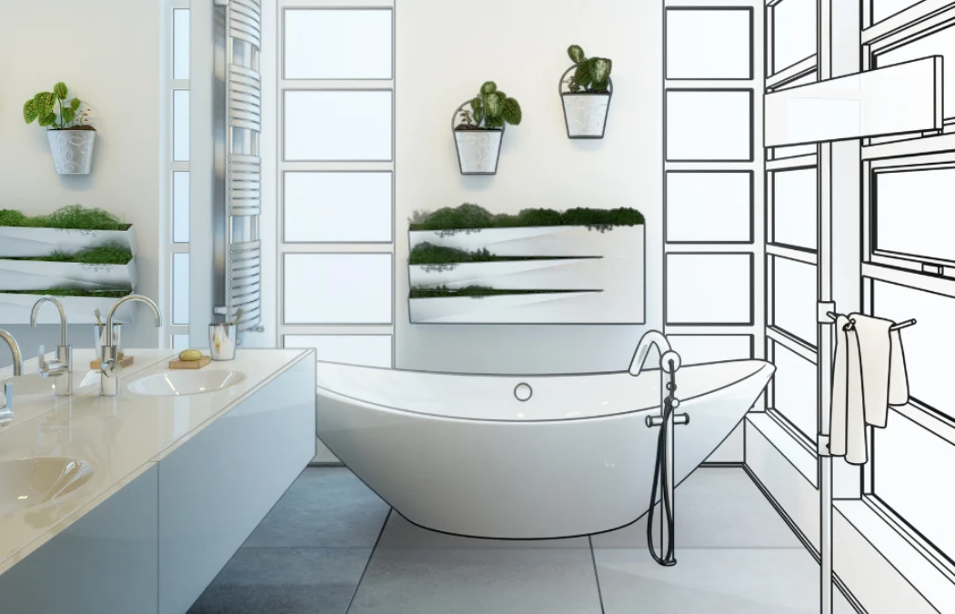 Illustration of bathroom remodeling from design to complete build.