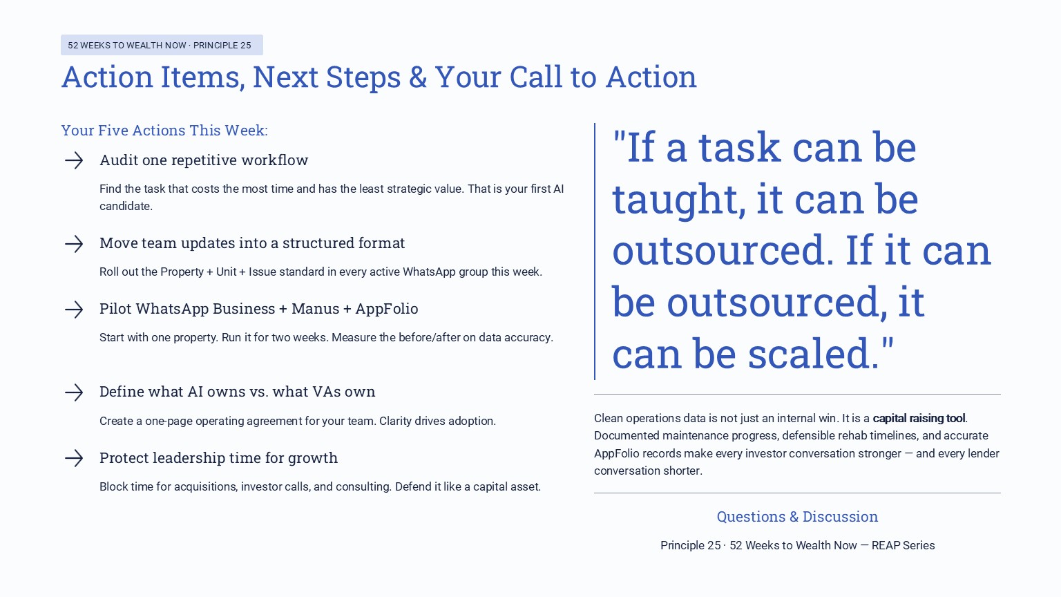 "Action Items, Next Steps & Your Call to Action" with the five-step list