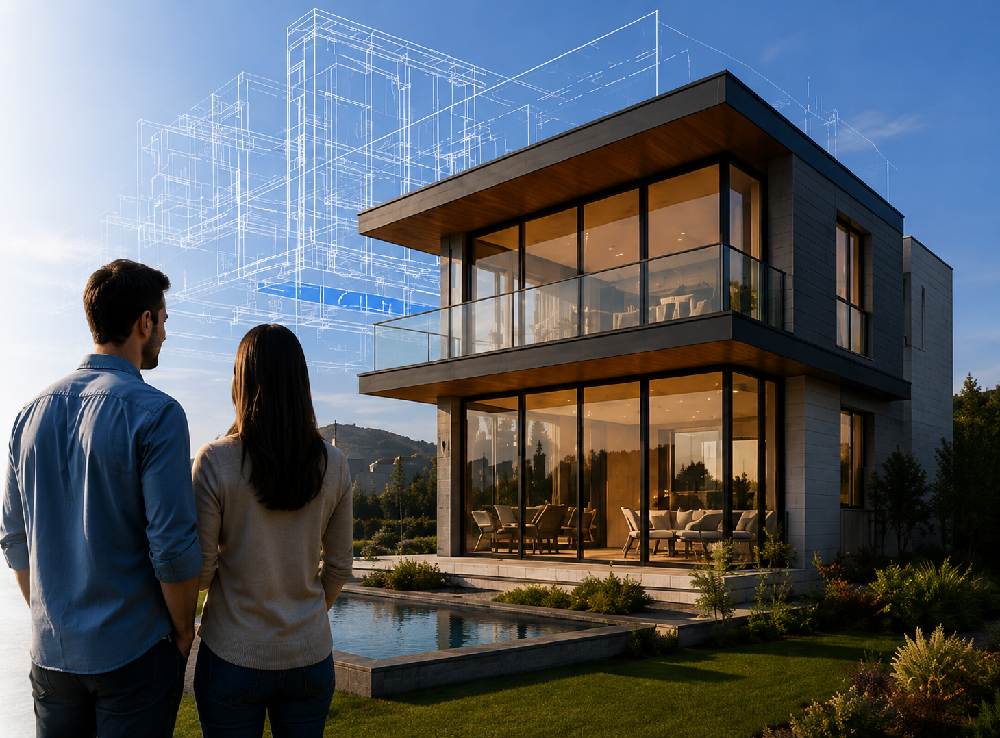 Modern luxury house exterior with blueprint overlay lines.