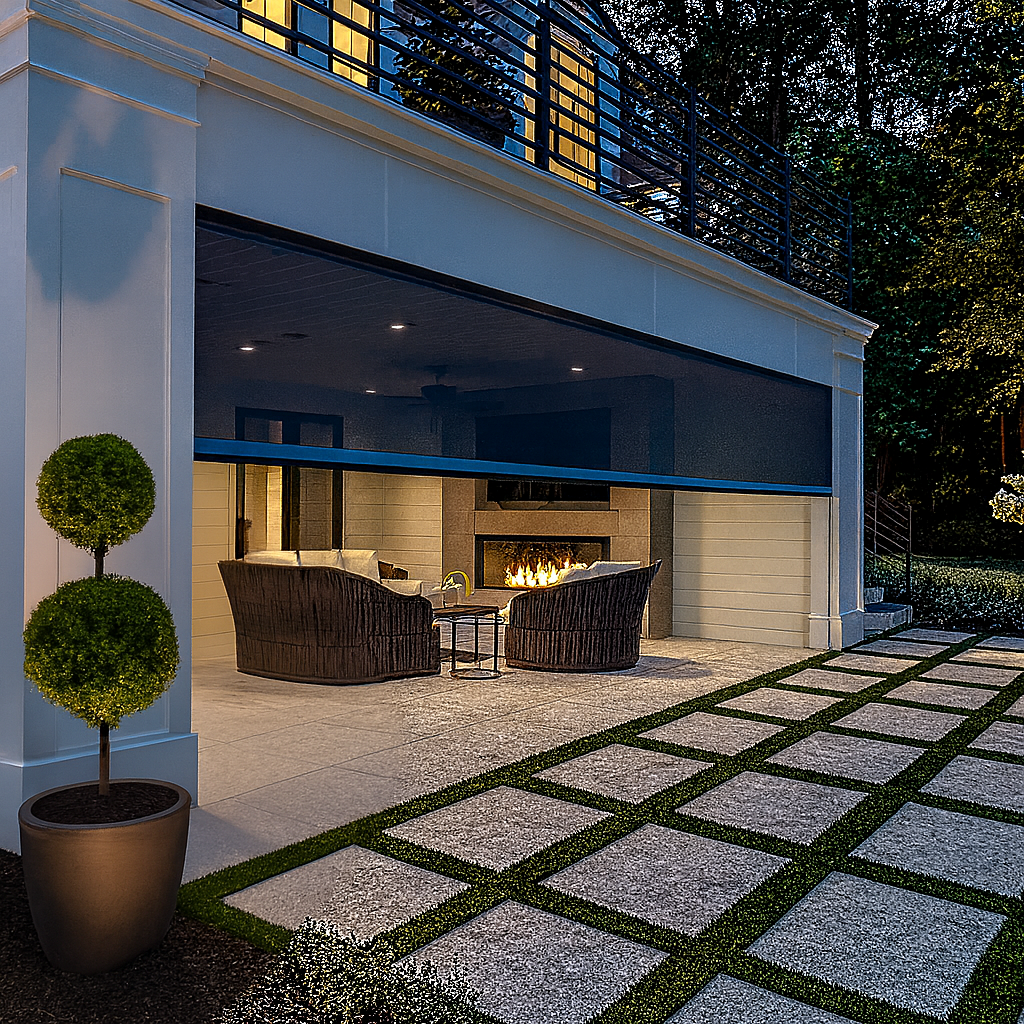 Premium motorized retractable screen enclosure with fireplace at dusk