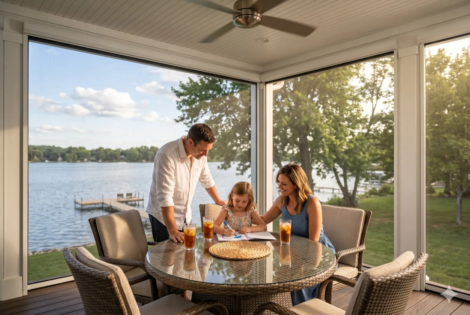 Family relaxing on a luxury motorized retractable screen porch at a lakehouse