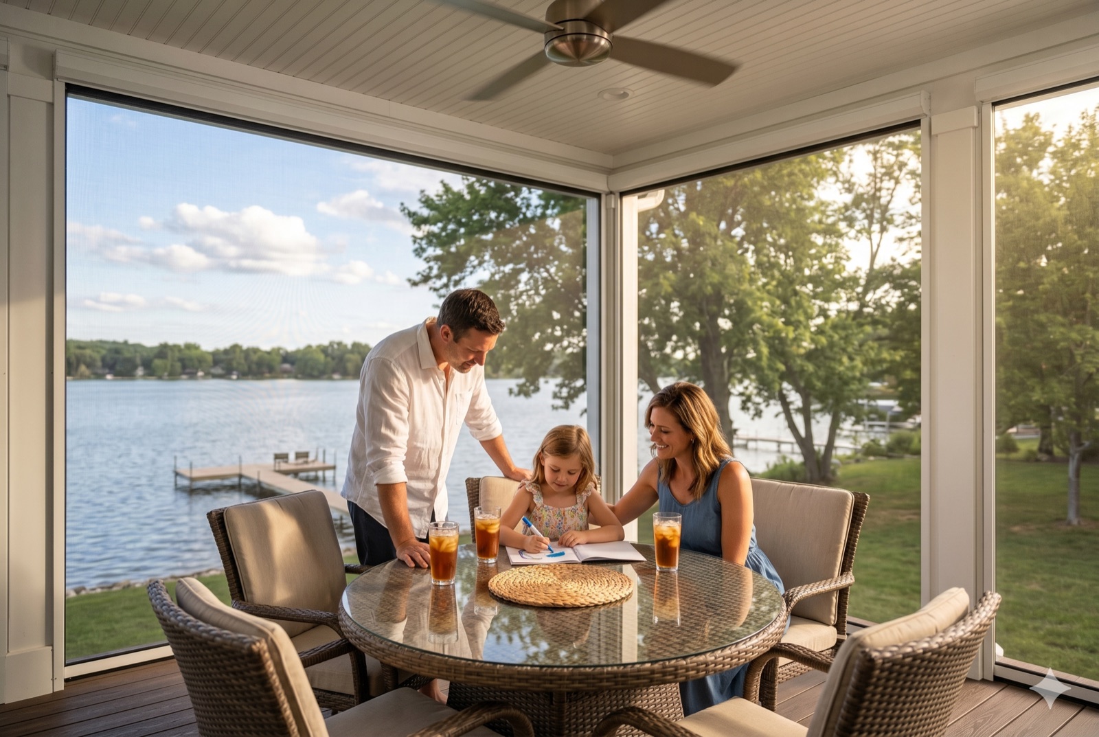 Family relaxing on a luxury motorized retractable screen porch at a lakehouse