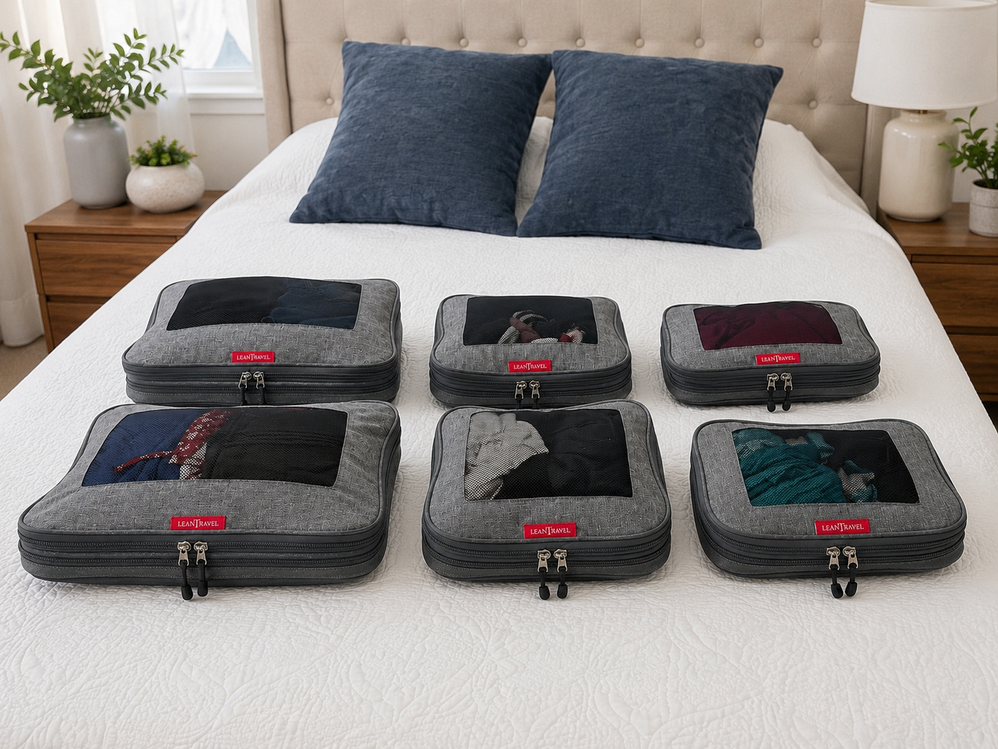 LeanTravel compression packing cubes set of six laid out showing all sizes LeanTravel compression packing cubes set of six laid out showing all sizes