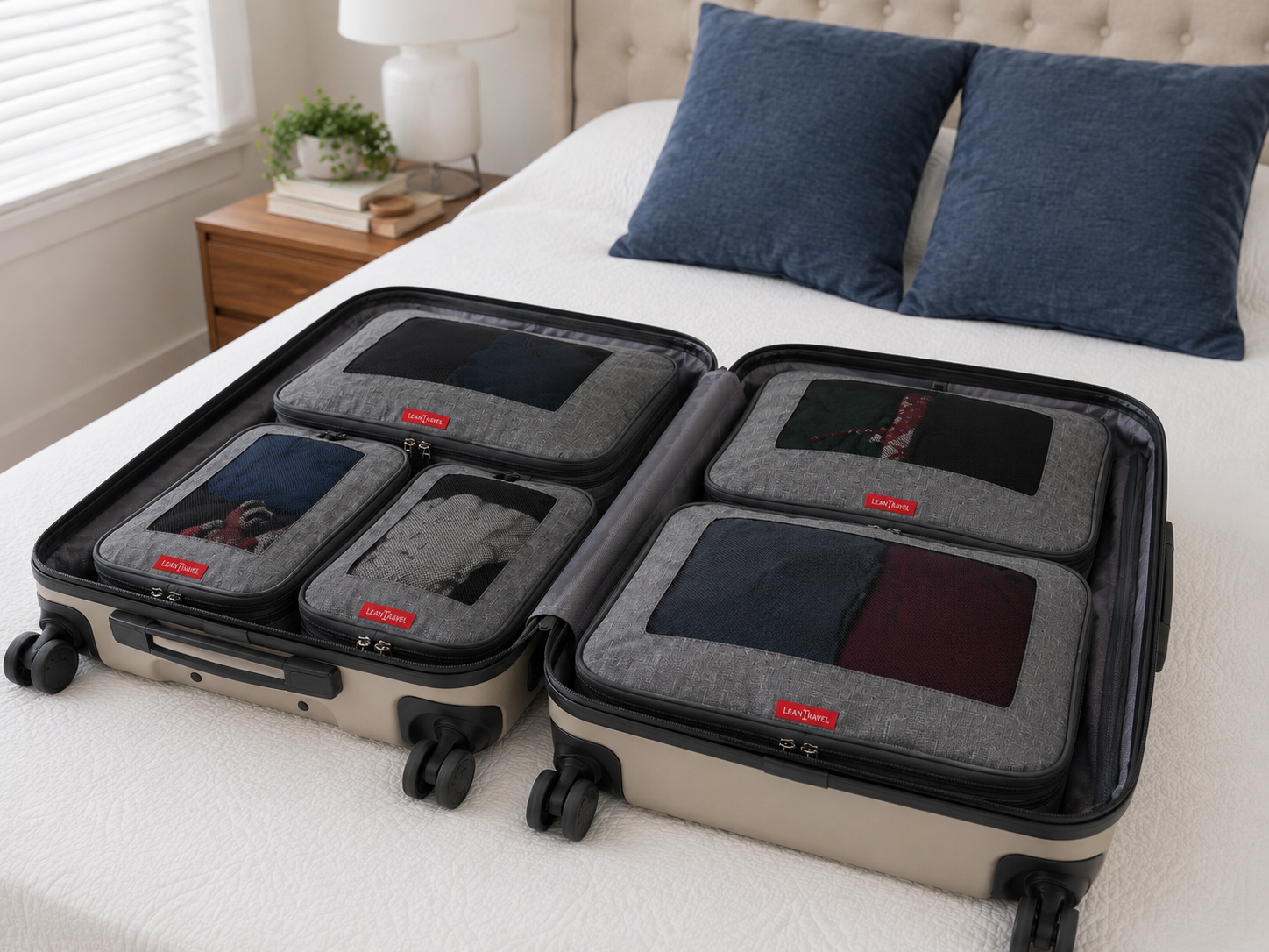 All six cubes packed neatly inside a large piece of luggage All six cubes packed neatly inside a large piece of luggage