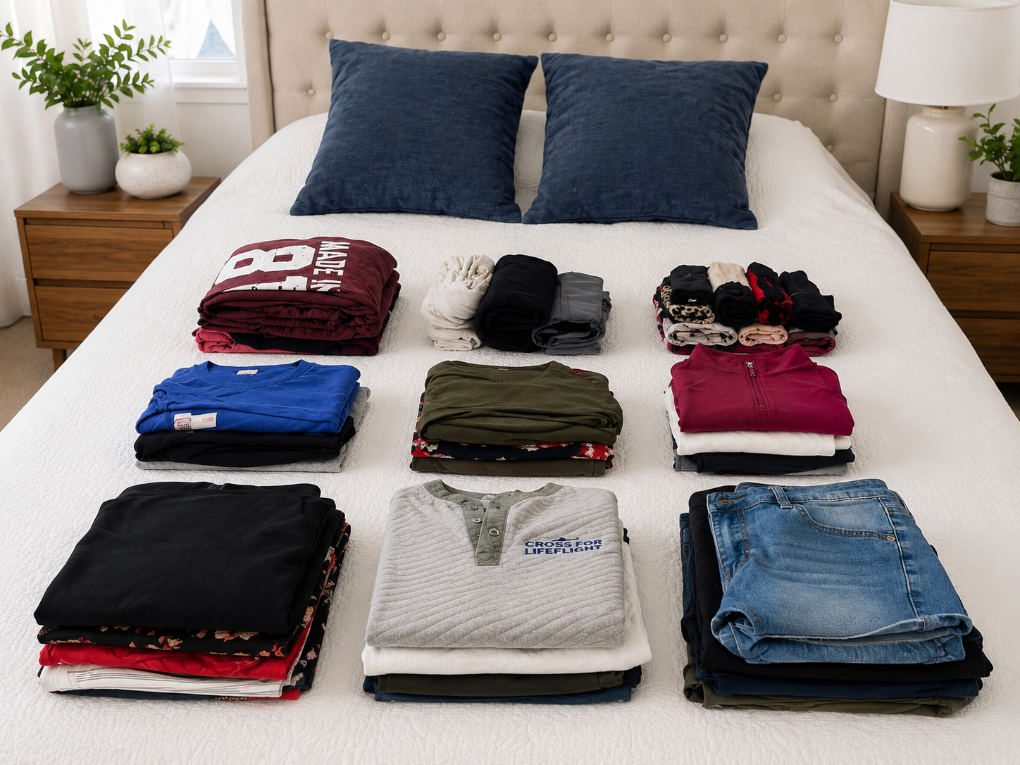 Clothes folded and stacked on the bed, waiting to be packed inside the compression cubes. Clothes folded and stacked on the bed, waiting to be packed inside the compression cubes.