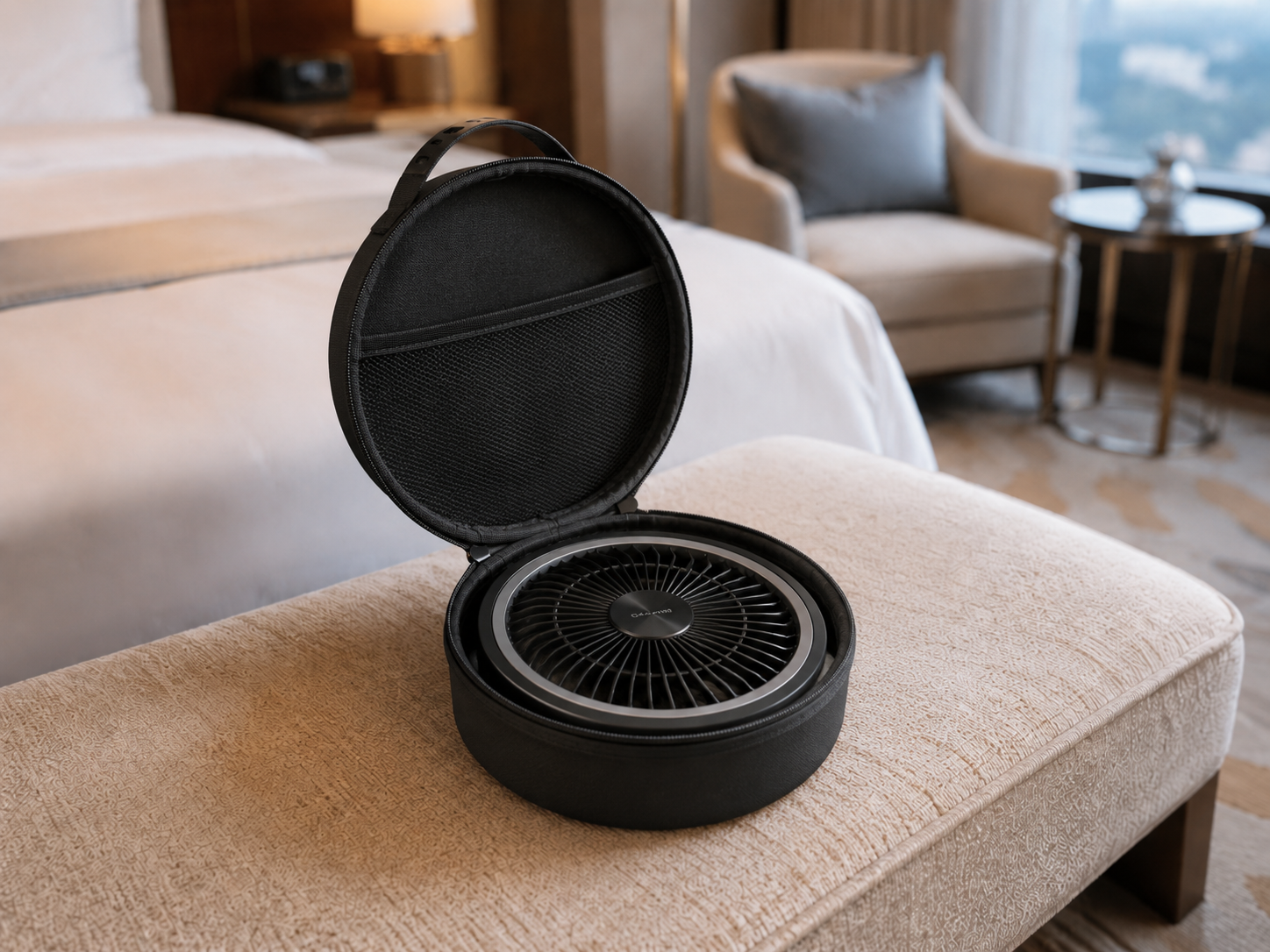 Fan folded into carrying case