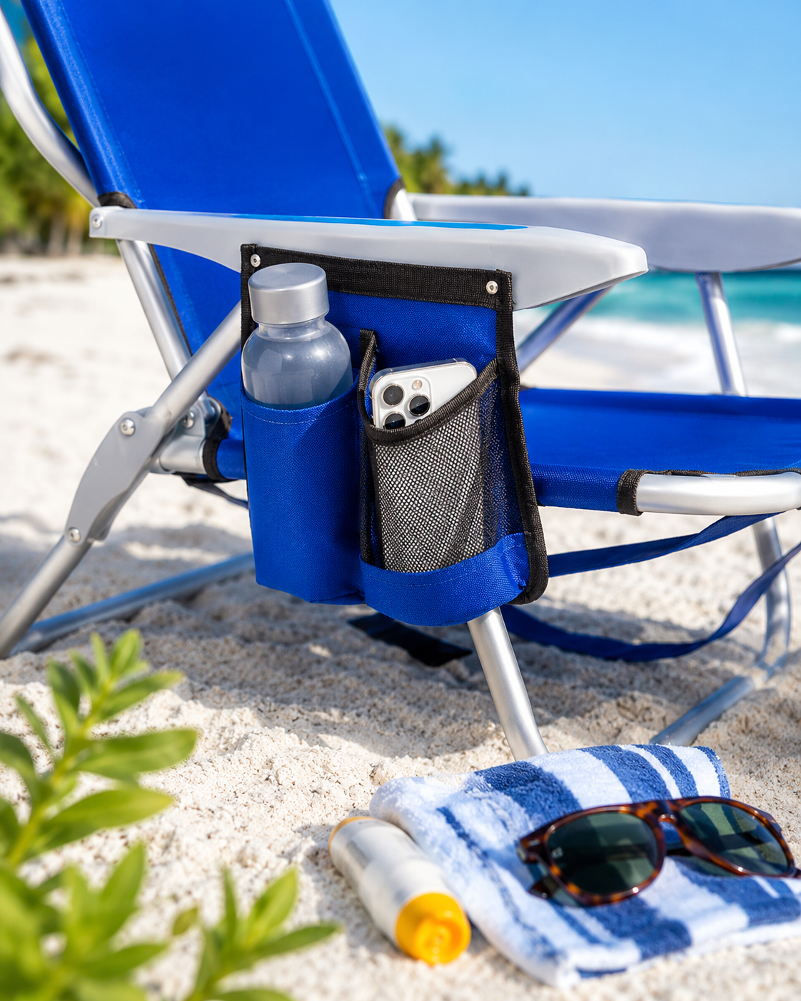 Details of the chair's pouch and what it can hold