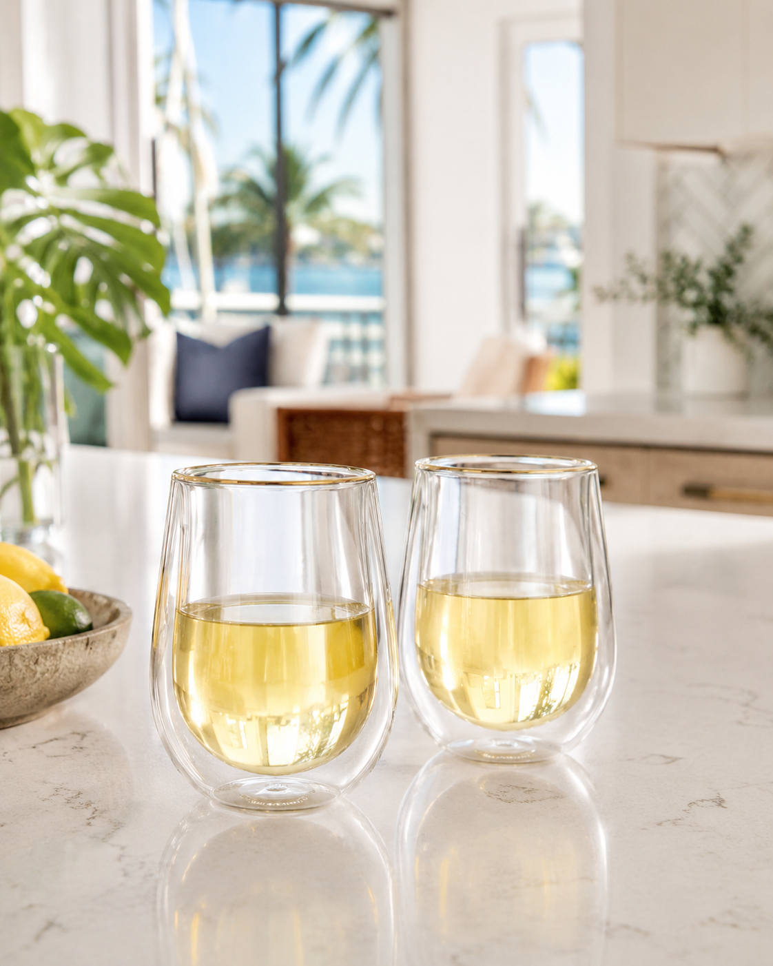 Wine in wine glasses sitting on a counter with no condensation.