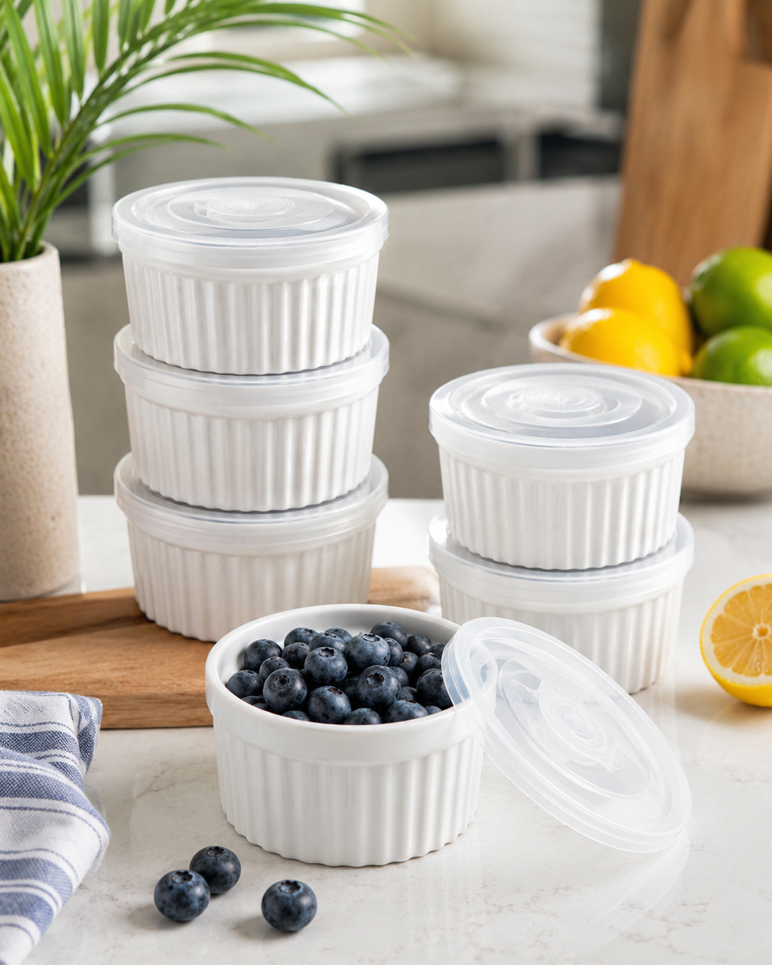 All six ramekins with lids on counter