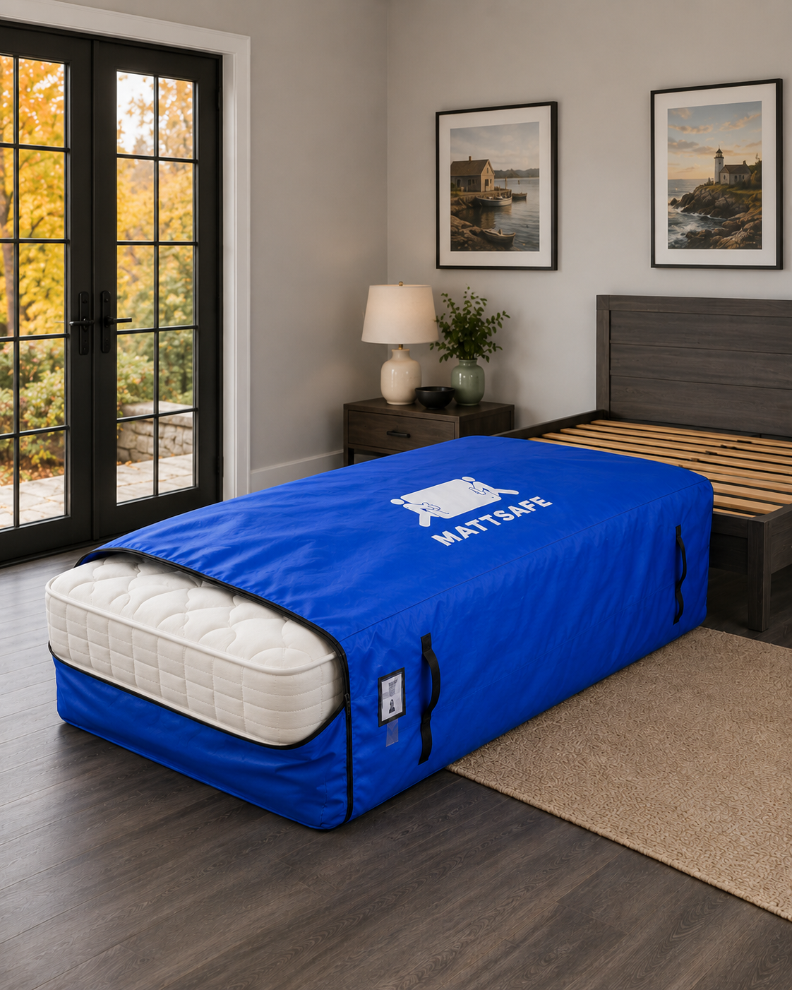 Mattress bag with queen sized mattress in the bag. Mattress bag with queen sized mattress in the bag.