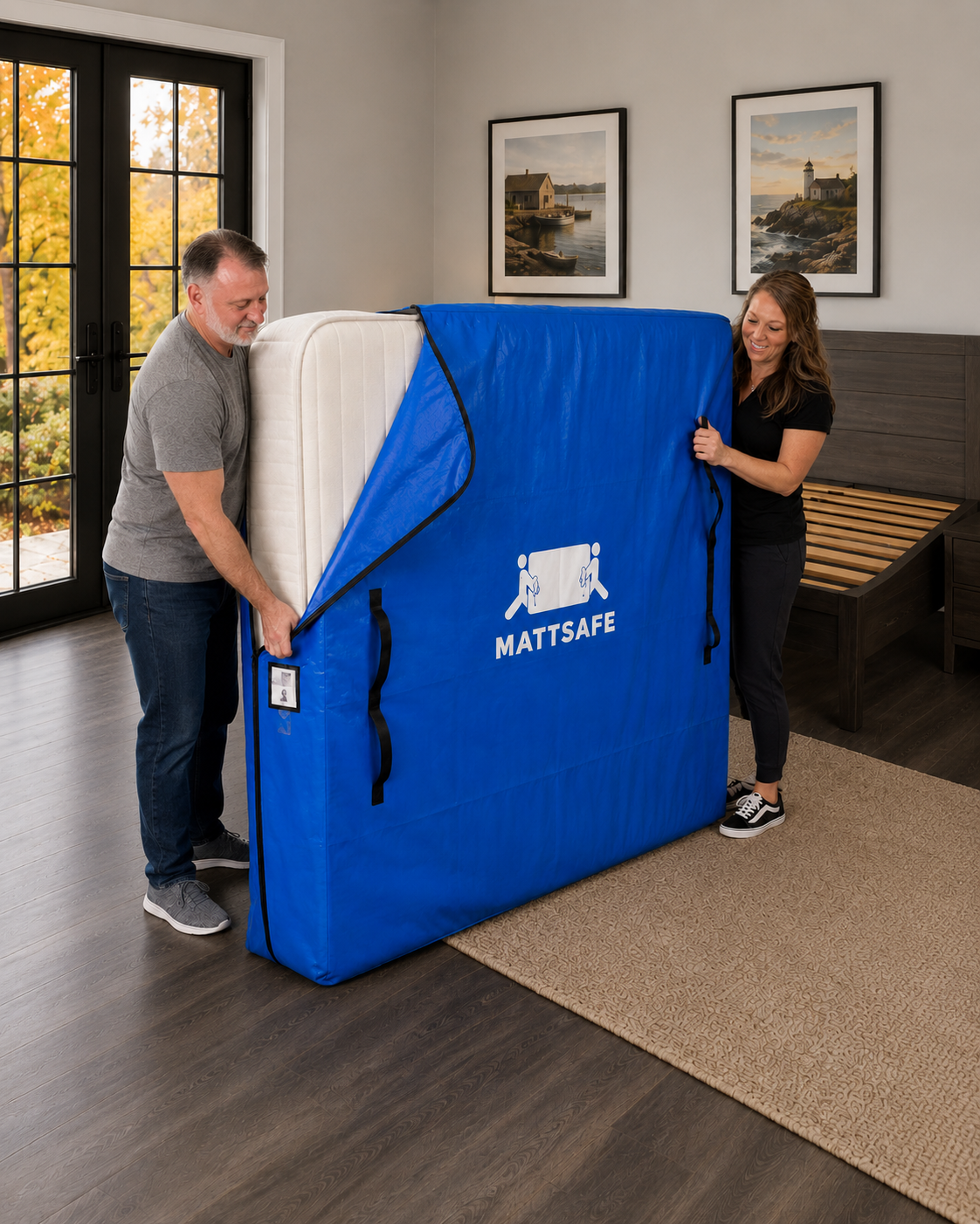Two people packing up a queen mattress in the Mattress Bag Two people packing up a queen mattress in the Mattress Bag