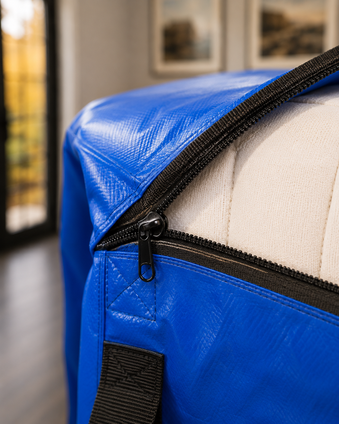 Close up of the material and zipper of the Mattress Bag. Close up of the material and zipper of the Mattress Bag.