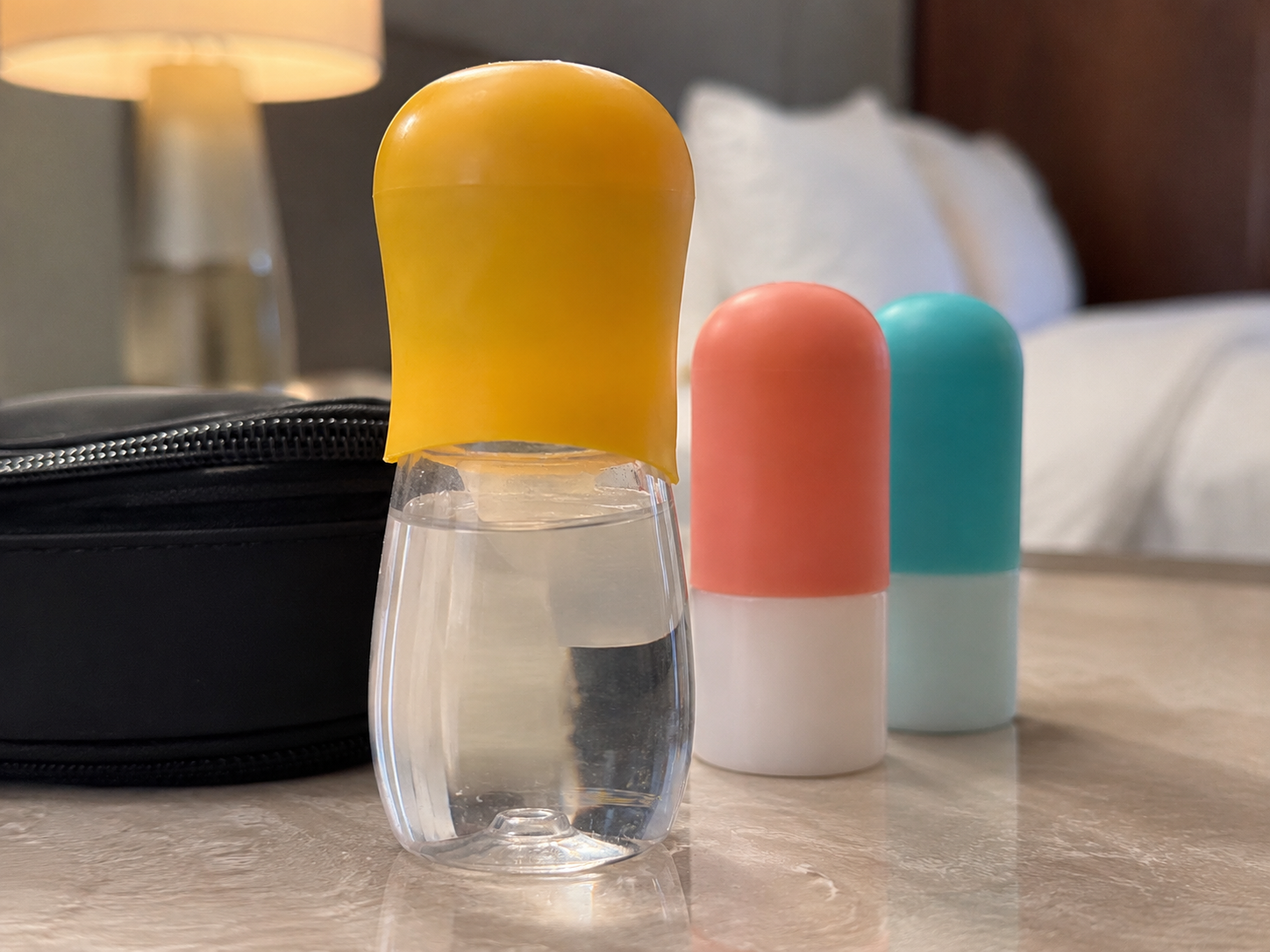Silicone cover on a travel bottle
