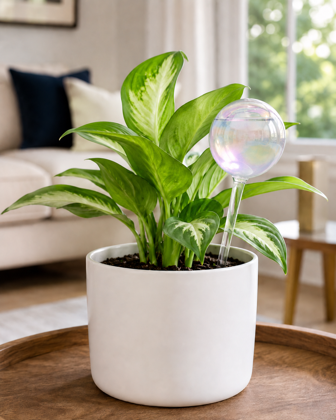Globe inserted in plant catching the iridescent light showing how beautiful it looks