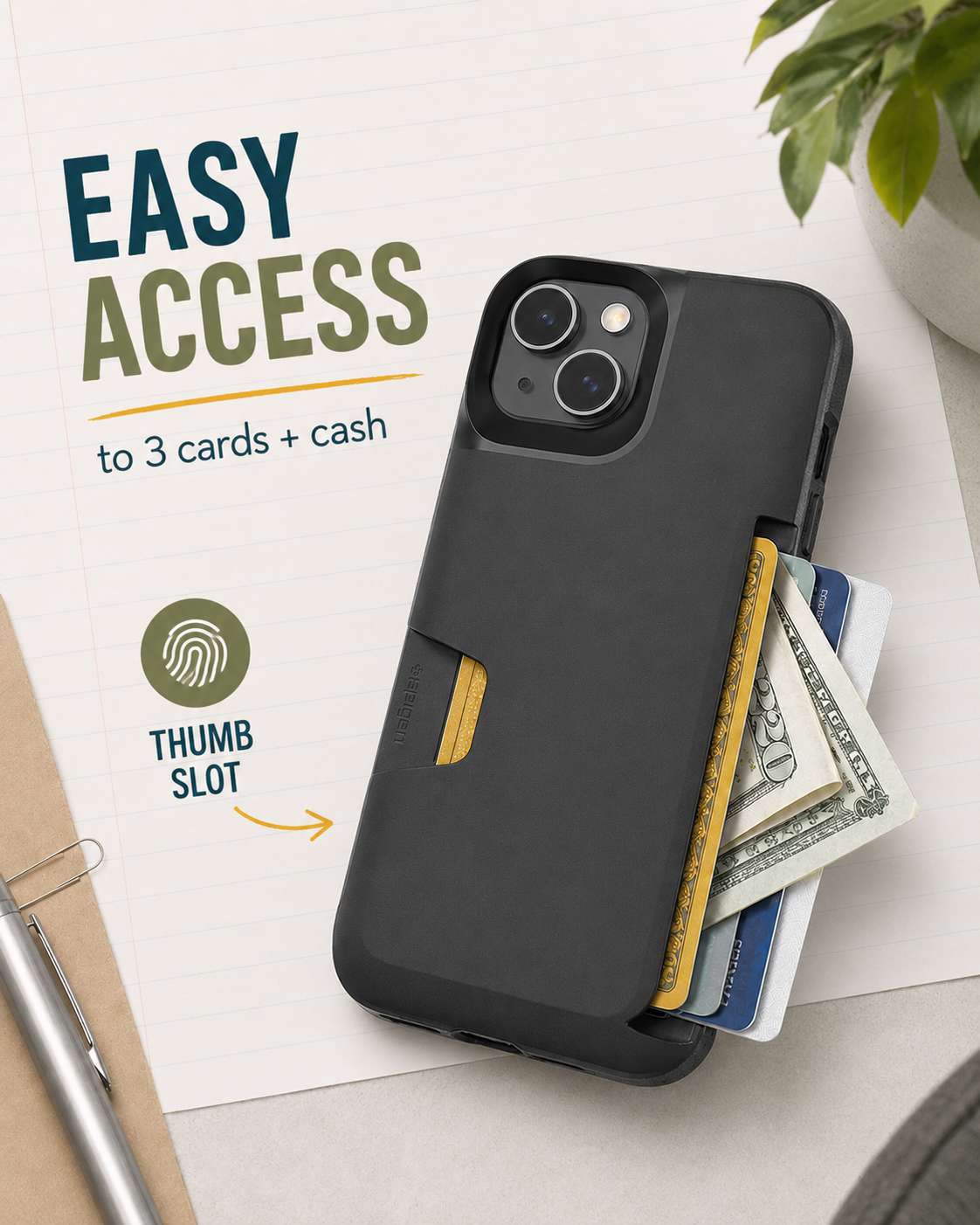 Back of case showing cards partially pushed up through the thumb slot