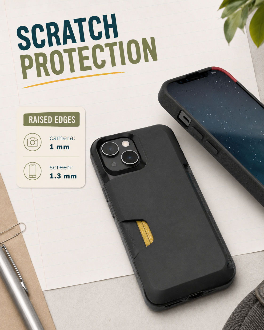 Front of case showing the raised bezel around the screen and the back of the case with the card slots