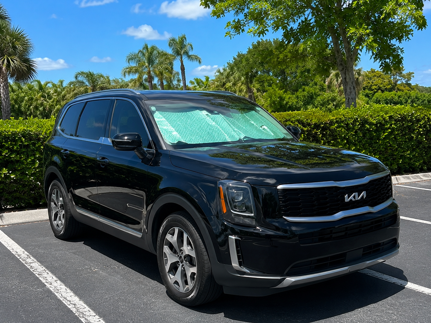 Sun shade fully deployed in the windshield of a Kia Telluride parked in a sunny Florida parking lot under bright blue skies