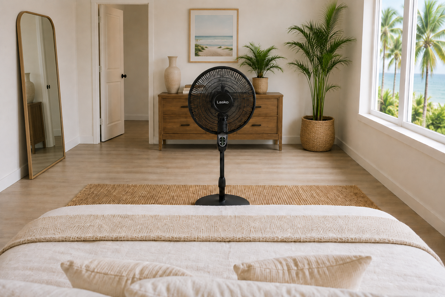 Lasko Oscillating Cyclone Pedestal Fan at the foot of the bed Lasko Oscillating Cyclone Pedestal Fan at the foot of the bed