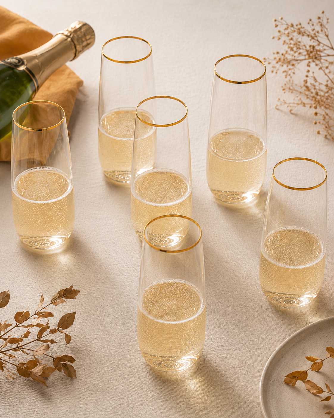 Stemless flutes with bubbles sitting on a table Stemless flutes with bubbles sitting on a table