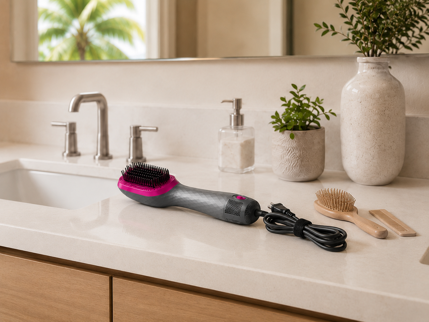 Flat lay of the APOKE 3 in 1 brush with cord neatly wrapped Flat lay of the APOKE 3 in 1 brush with cord neatly wrapped