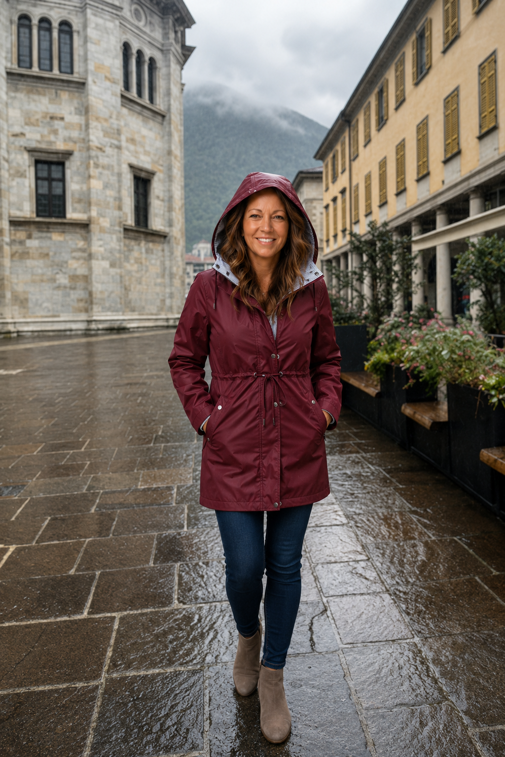 Woman with dark hair wearing the wine red raincoat on a rain soaked European cobblestone street Woman with dark hair wearing the wine red raincoat on a rain soaked European cobblestone street