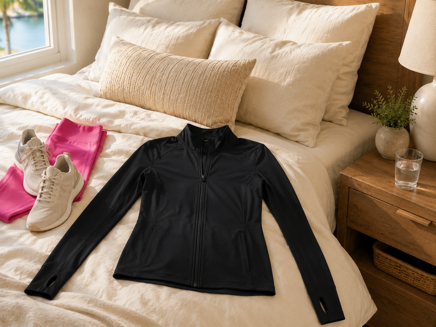 A black lightweight full zip athletic jacket with thumb loops and long sleeves is displayed laying on a bed. A black lightweight full zip athletic jacket with thumb loops and long sleeves is displayed laying on a bed.