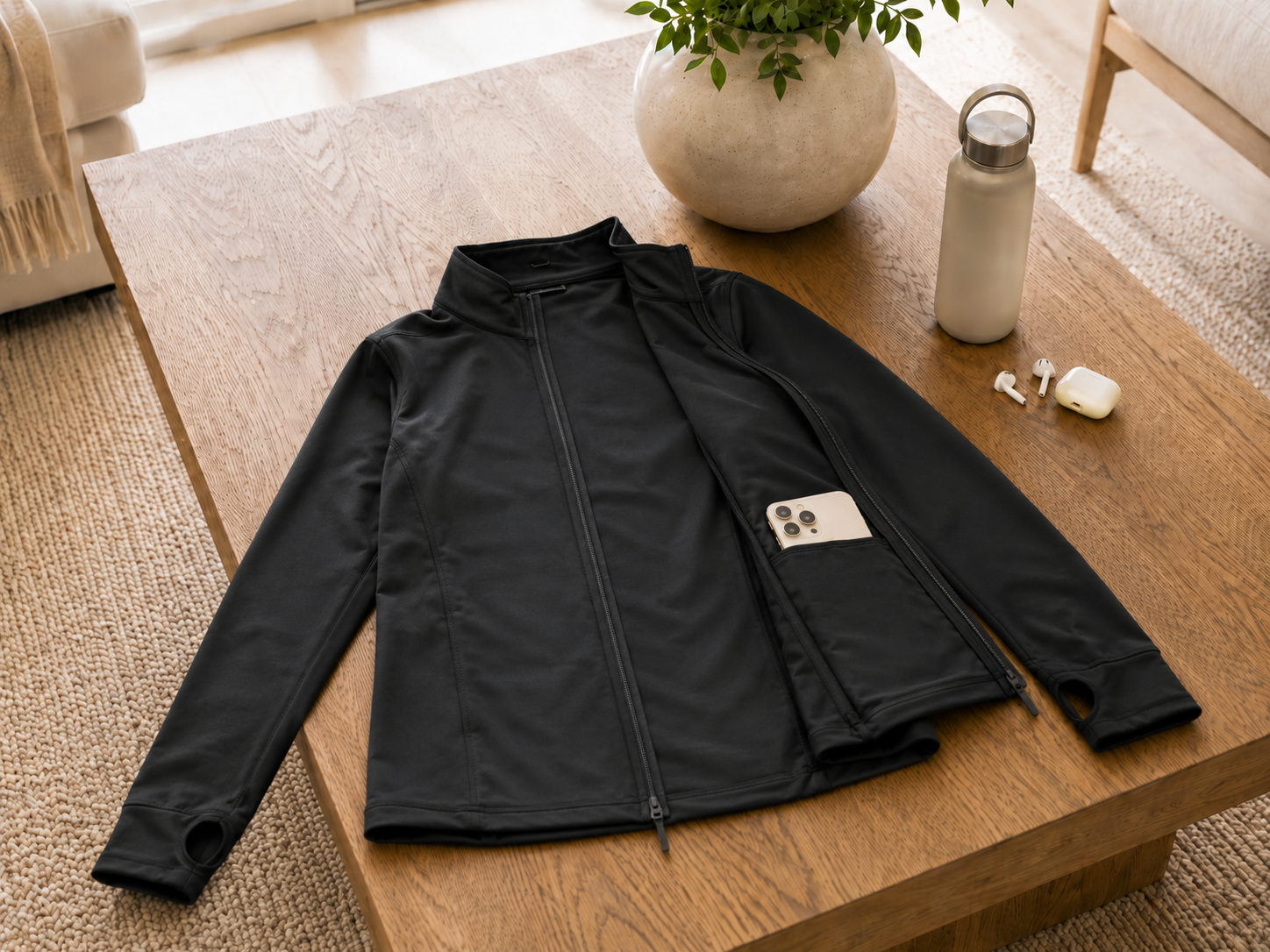 Flat lay of the MAGCOMSEN UPF 50 Plus Lightweight Athletic Jacket unzipped showing interior cell pocket with thumb loops visible Flat lay of the MAGCOMSEN UPF 50 Plus Lightweight Athletic Jacket unzipped showing interior cell pocket with thumb loops visible