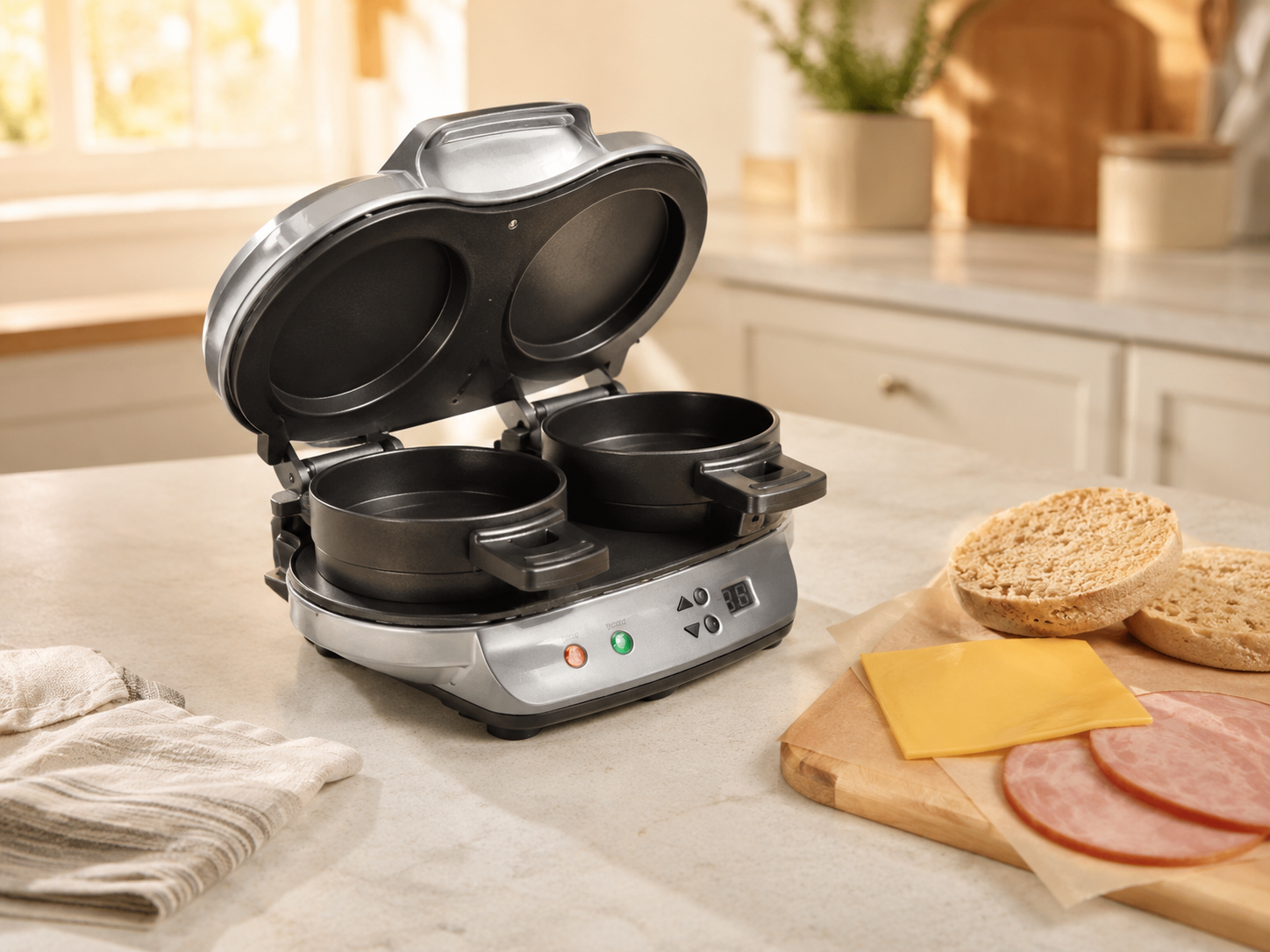 Hamilton Beach Dual Breakfast Sandwich Maker open showing both cooking plates with breakfast ingredients styled nearby Hamilton Beach Dual Breakfast Sandwich Maker open showing both cooking plates with breakfast ingredients styled nearby