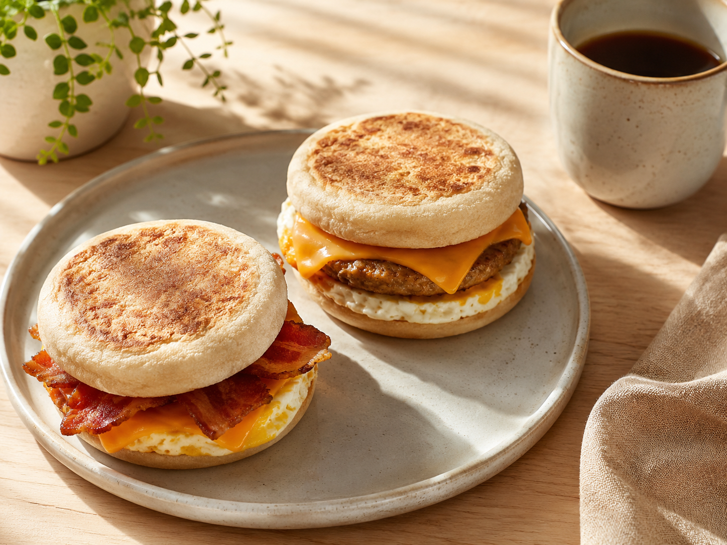 Flat lay of two finished breakfast sandwiches plated with coffee nearby Flat lay of two finished breakfast sandwiches plated with coffee nearby