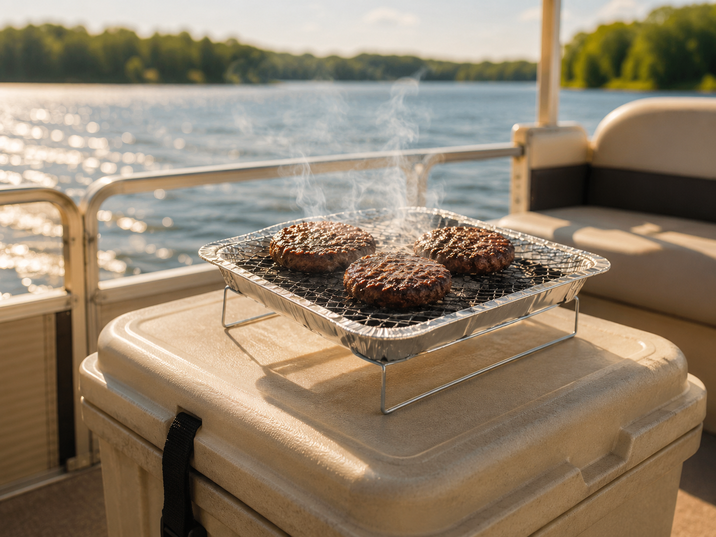 Disposable Charcoal Grill set up on a boat in the middle of the lake.