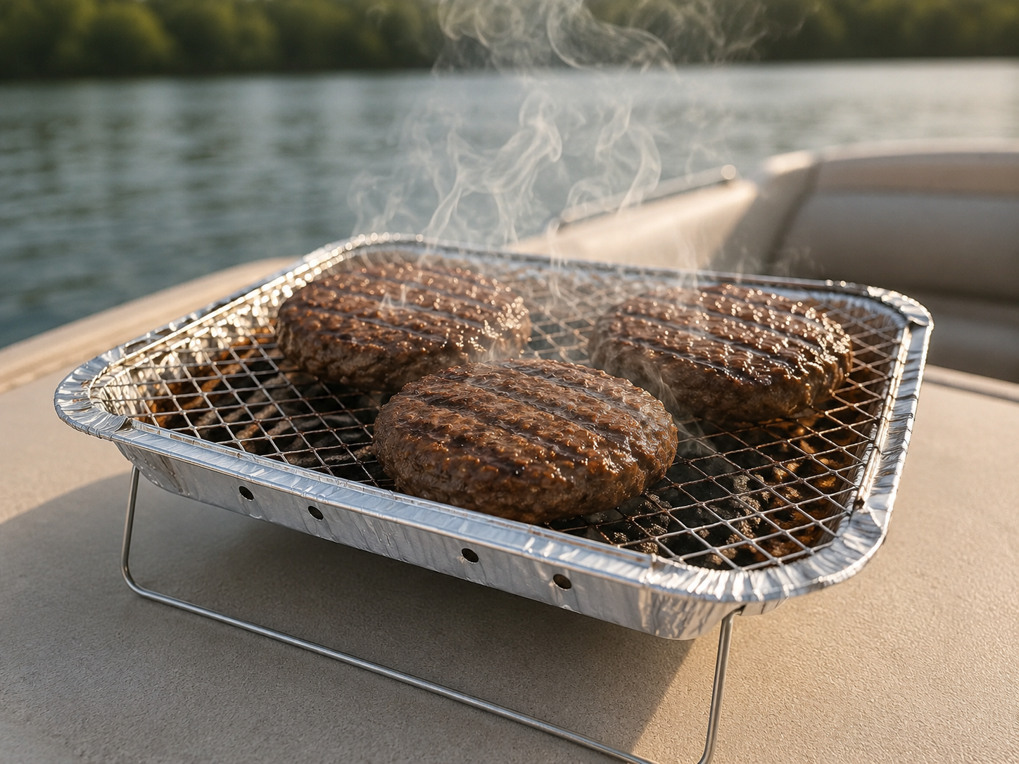 Close up of the disposable charcoal grill on its aluminum wire stand, three hamburger patties on the grate with grill marks forming, light smoke rising naturally.