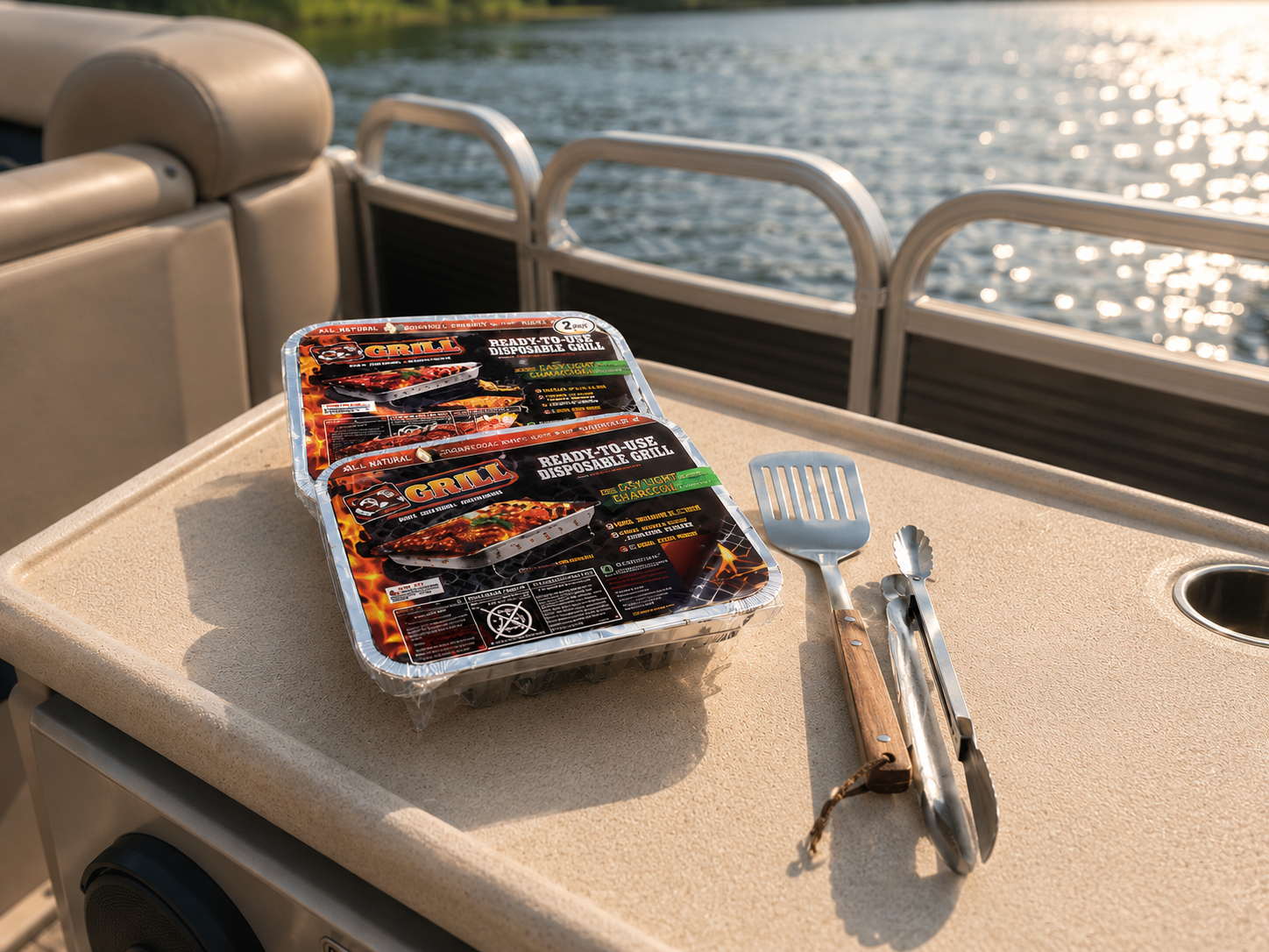 Disposable charcoal grill 2-pack resting on a pontoon boat with spatula and tongs resting nearby.