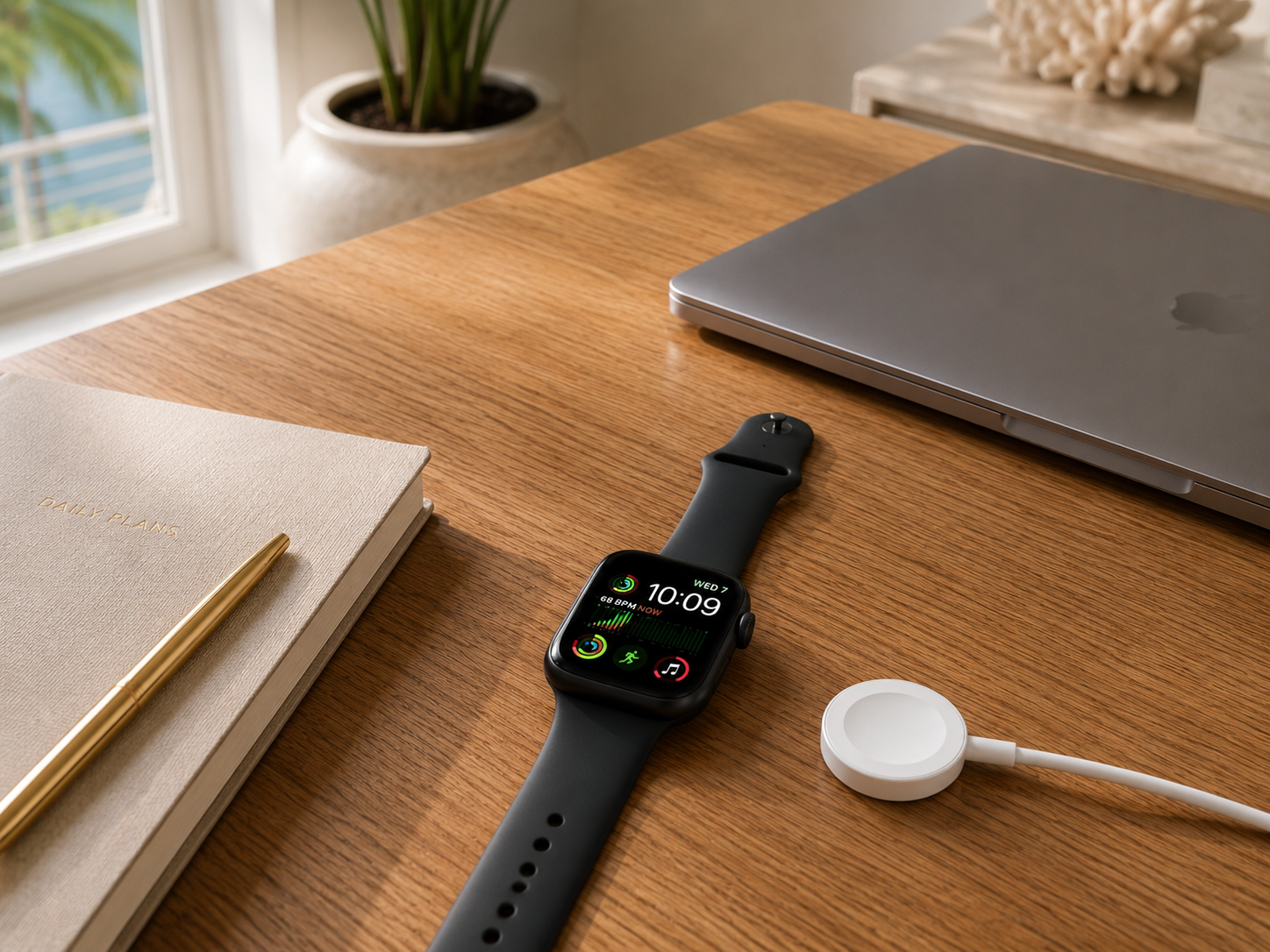 Apple Watch Series 10 with Jet Black aluminum case and black Sport Band displayed showing the watch face clearlyand the USB-C charging cable.