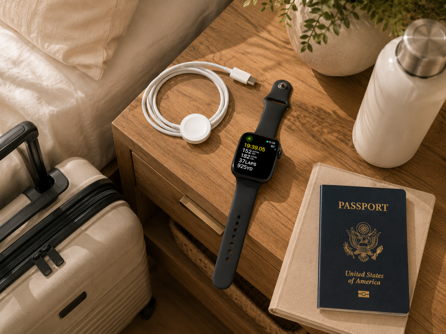 Apple Watch Series 10 with black Sport Band and USB-C charging cable on nightstand with passport and suitcase. 