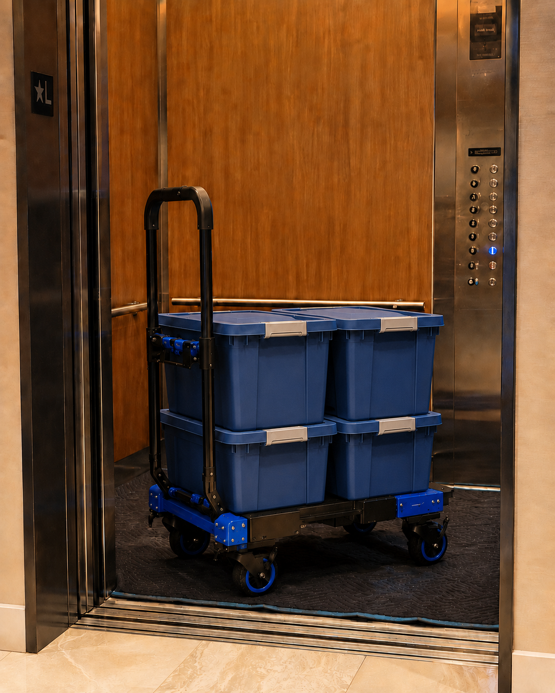 Folding hand truck in flatbed cart mode loaded with four storage totes inside an elevator