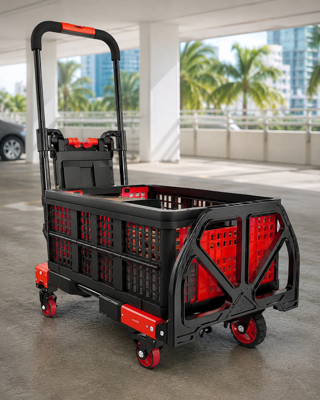 Close up of the folding hand truck with the removable basket positioned on top in cart mode
