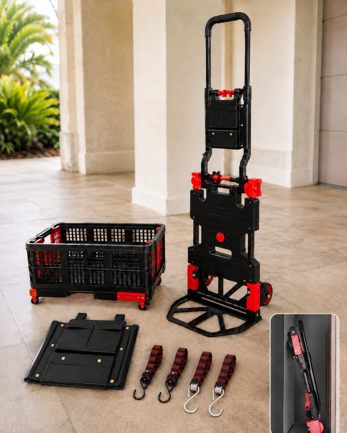 Folding hand truck displayed in dolly mode with the retractable handle fully extended with the basket, four securing straps, and leather storage bag with snaps are arranged neatly around; folded hand truck located in lower right corner