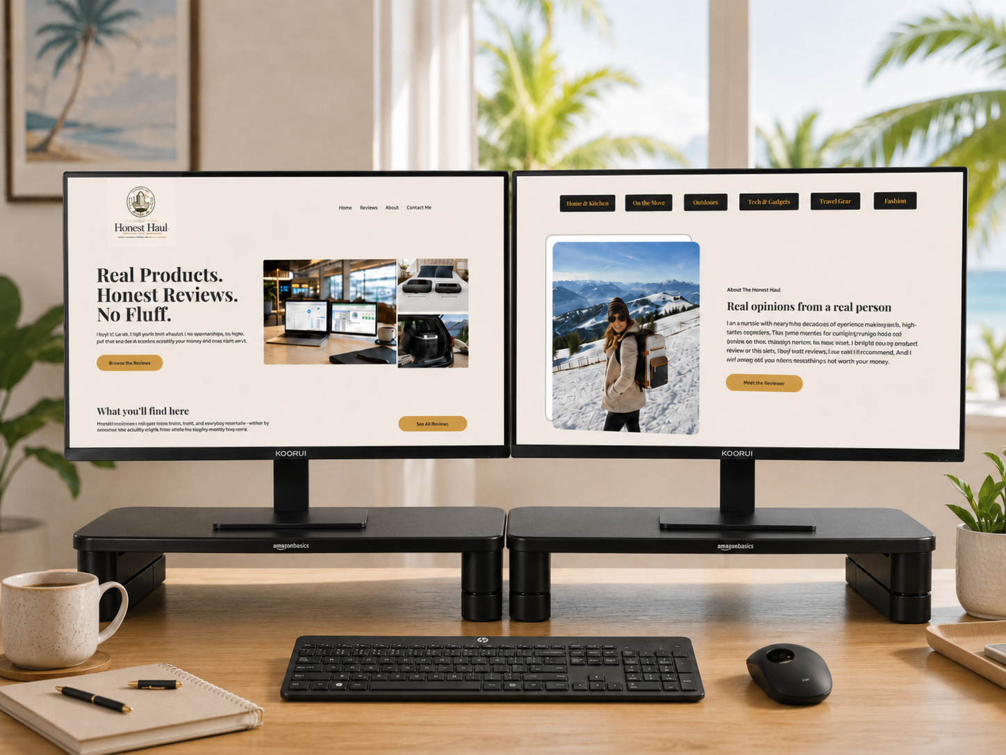 Dual KOORUI 22 inch monitors positioned side by side on monitor stands, on a desk at eye level, displaying different content on each screen