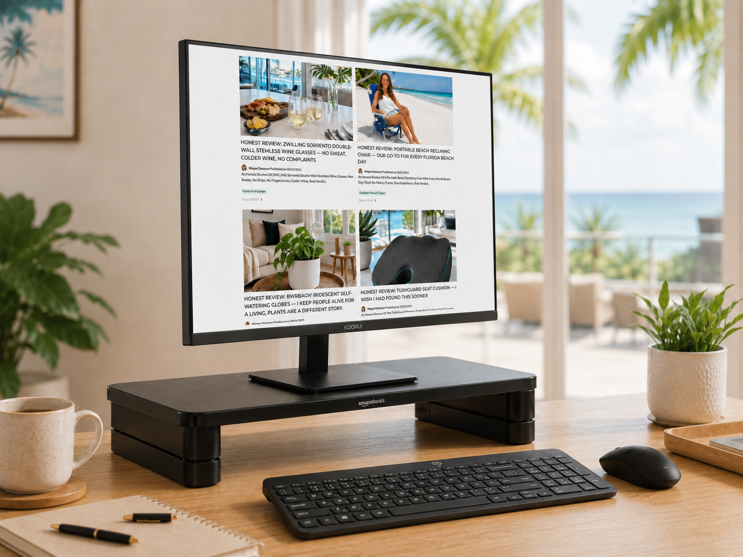 Close up of the KOORUI 22 inch monitor displaying a sharp clear image, the slim profile of the monitor is visible showing the minimal bezel design and monitor stand visible showing how it sits on a riser.