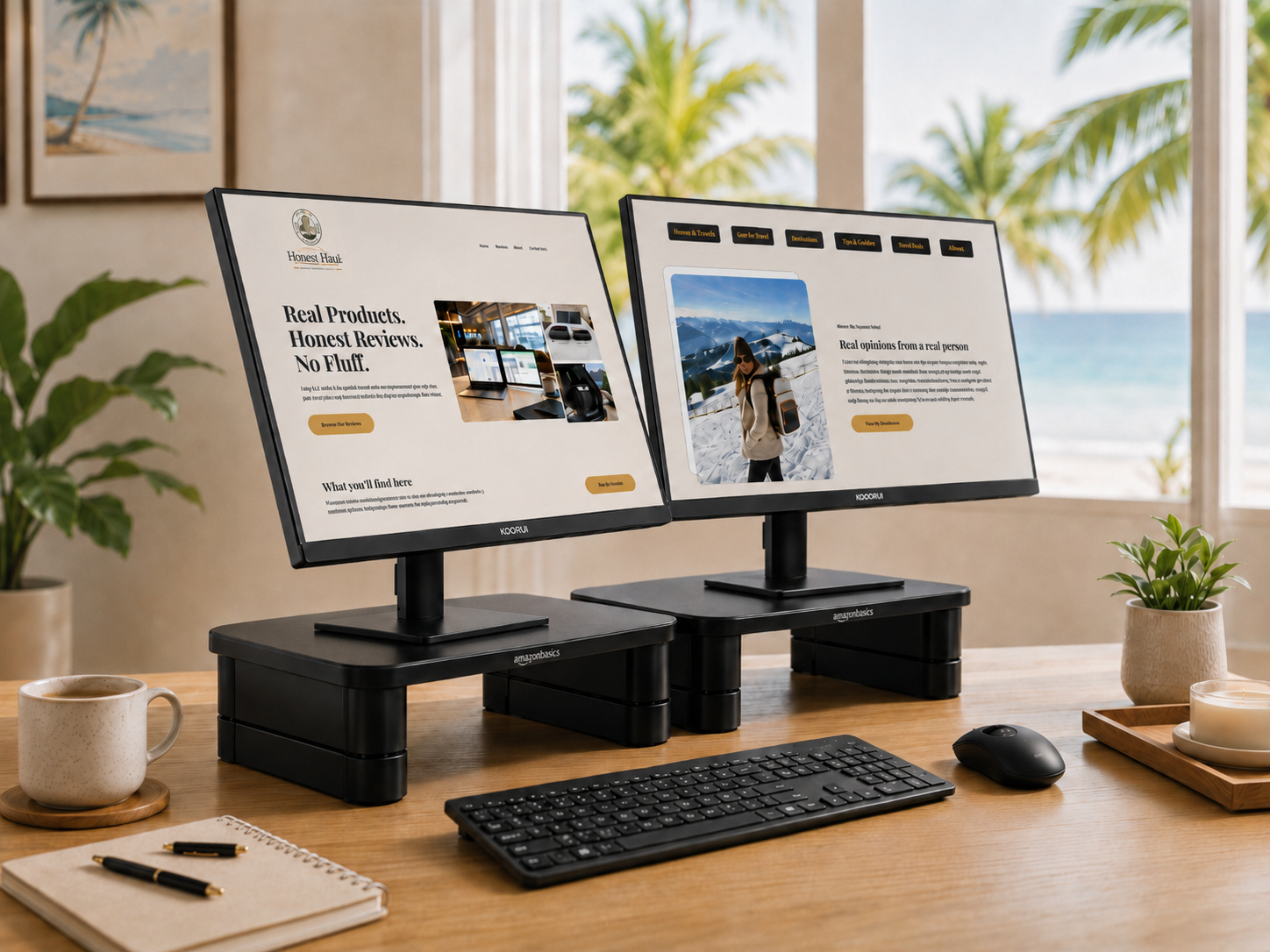Side profile view showing the slim thin design of the KOORUI 22 inch monitor which are positioned on a riser displaying the adjustable tilt capability