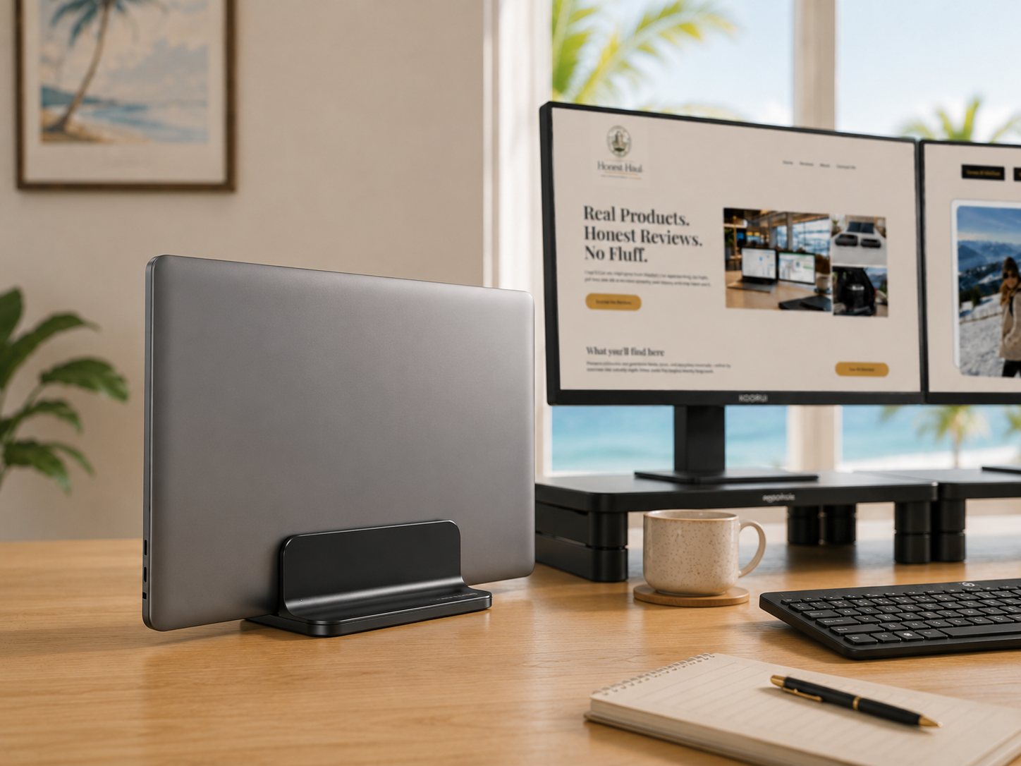 OMOTON vertical laptop stand in black aluminum holding a laptop